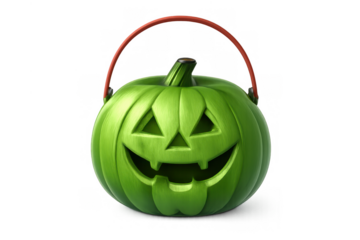 Green carved halloween jack-o'-lantern candy bucket, a spooky grinning pumpkin holding treats, a children's game for the holiday