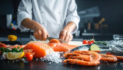 Professional Chef Preparing Fresh Seafood in a Dark Cinematic Kitchen