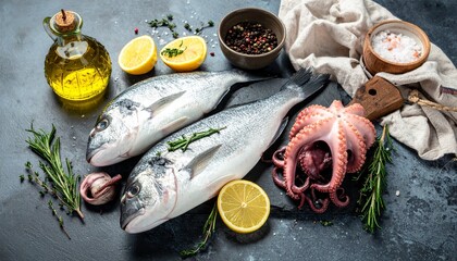 Top View of Assorted Fresh Seafood on Ice at Luxury Fish Market
