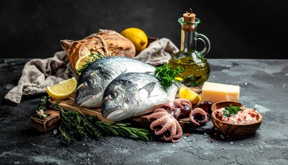 Clean Modern Seafood Nutrition Concept with Fresh Fish and Shrimp