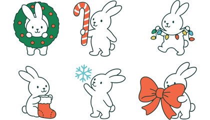 A set of cute cartoon rabbits celebrating Christmas on transparent background
