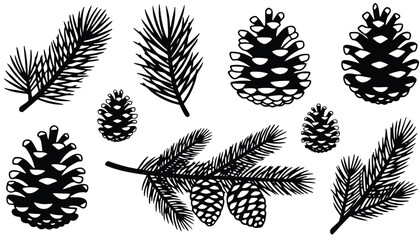 A set of pinecone silhouettes on transparent background
