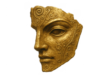 Ancient golden ornate masquerade mask fragment on transparent background