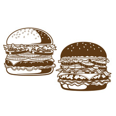 Vintage Two brown burgers with sesame seed buns and multiple layers isolated on white background