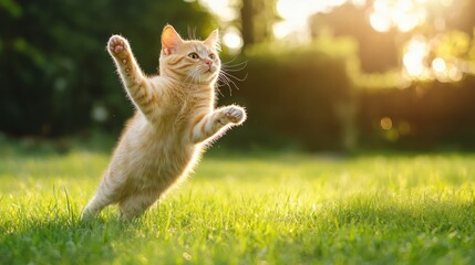 Playful ginger kitten leaps in a sunlit garden