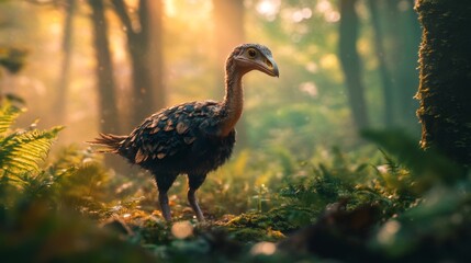 A fantastical creature walks through a lush forest. It resembles a dinosaur yet evokes a sense of wonder and curiosity. Nature meets imagination in this vibrant scene. Generative AI