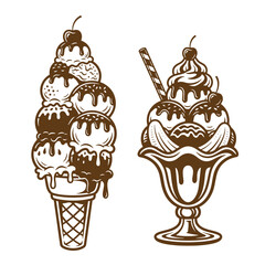 Vintage Two brown line art ice cream sundaes with chocolate sauce and cherries on top isolated on white background
