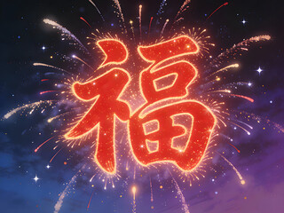 glowing fortune character fu with festive fireworks in night sky holiday design