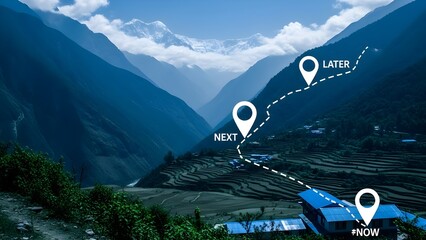 Aerial view of a mountainous landscape with a dotted line and location markers labeled 'NOW', 'NEXT', and 'LATER' against a blue sky with clouds.
