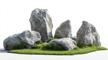 A group of textured rocks surrounds a patch of vibrant green grass. The natural beauty of the stones creates an inviting landscape. Perfect for design projects. Generative AI