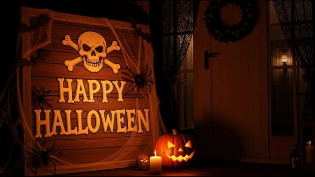 Halloween decoration illuminated sign with skull and pumpkin at night