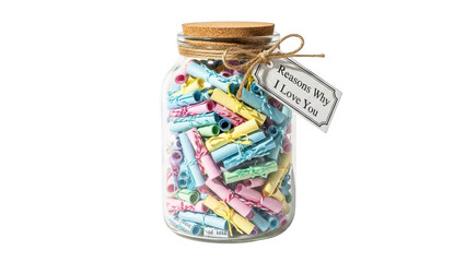 A glass jar filled with colorful sidewalk chalk on transparent background