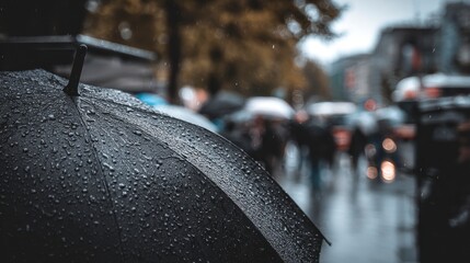 Raindrops bead on a black umbrella in a blurred city scene, people and transport vehicles in distance. A moody and atmospheric shot