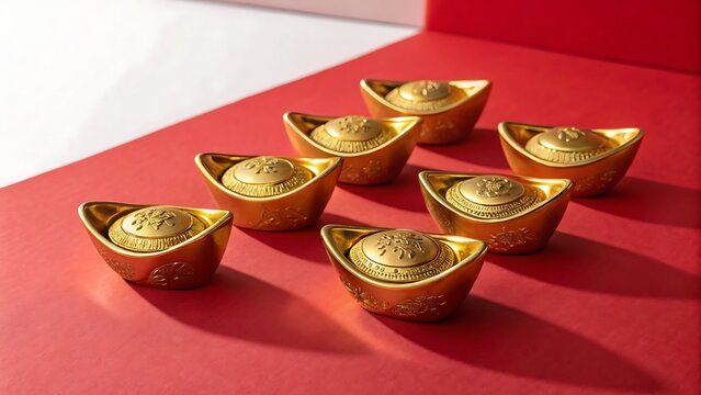 Traditional Chinese gold sycee ingots on festive red background for lunar new year celebration