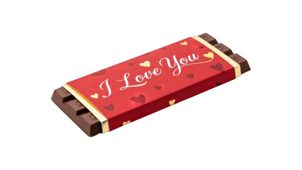 Chocolate bar with red wrapping and i love you message on transparent background
