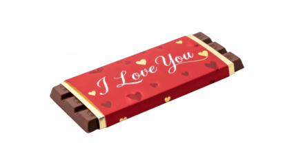 Chocolate bar with red wrapping and i love you message on transparent background