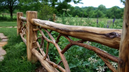 Rustic wooden fence constructed from natural branches borders a lush green outdoor area