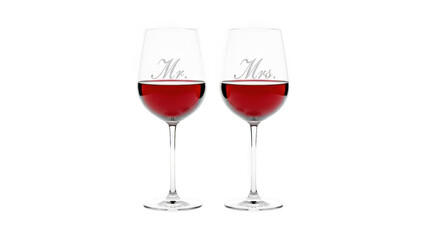 Two elegant wine glasses filled with red wine on transparent background
