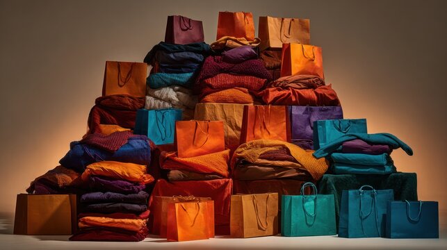A large pile of colorful shopping bags and neatly folded clothing