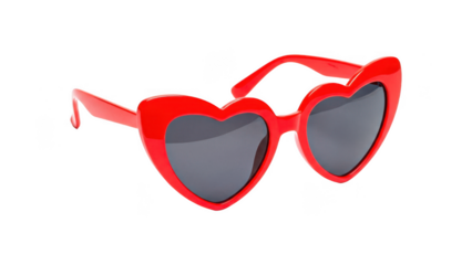 Red heart shaped sunglasses with dark lenses isolated on transparent background