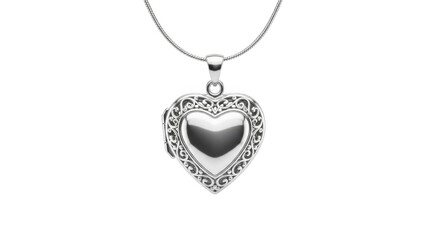 Silver heart shaped locket pendant necklace with intricate details isolated on transparent background