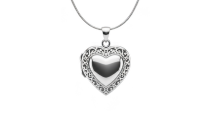 Silver heart shaped locket pendant necklace with intricate details isolated on transparent background