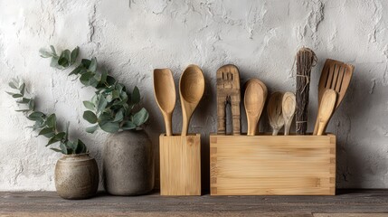Wooden cooking utensils and decorative eucalyptus branches are displayed on a rustic surface against a textured wall