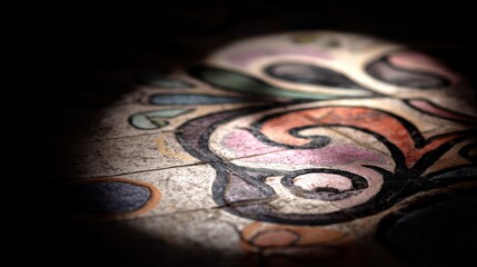 Ornate swirling design illuminated by a focused light source on a textured surface