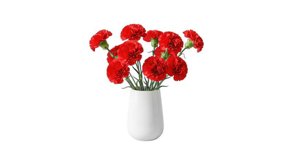 A bouquet of red carnations in a white vase on isolated transparent background