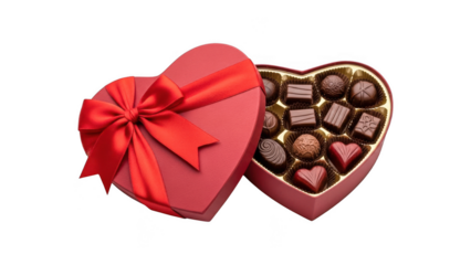 Open heart shaped box of assorted chocolates with red ribbon isolated on transparent background
