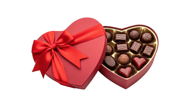 Open heart shaped box of assorted chocolates with red ribbon isolated on transparent background