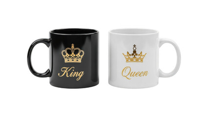 Black and white mugs with golden crowns and royal titles on isolated transparent background