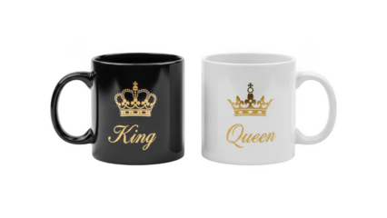 Black and white mugs with golden crowns and royal titles on isolated transparent background