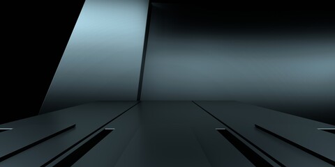 3d rendering of white neon glowing spaceship corridor hallway dark background. Scene for advertising, showroom, technology, future, modern, E sport, game, garage. Sci Fi Illustration. Product display