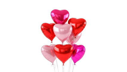 Cluster of red, pink, and purple heart shaped balloons floating together isolated on transparent background