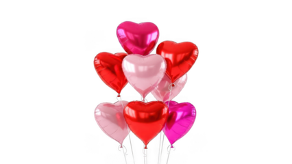 Cluster of red, pink, and purple heart shaped balloons floating together isolated on transparent background