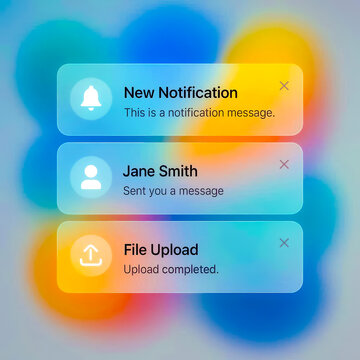 Glassmorphism UI Notification Cards on Soft Blur Background