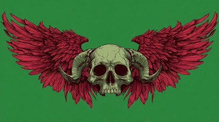 A digitally created artwork featuring a skull with curved horns and crimson wings on a green background. The illustration evokes a sense of fantasy and darkness