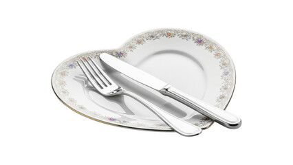 Elegant heart shaped plate with silverware on transparent background