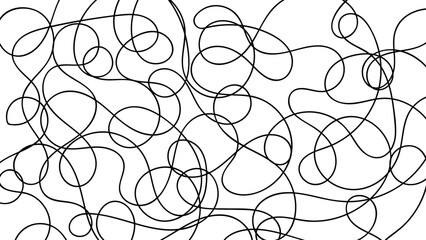 Abstract black squiggles doodle pattern on white background hand drawn curly lines swirls chaotic scribble seamless texture minimalist overlay