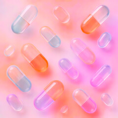 Transparent Medical Capsules Floating on Pink 3D