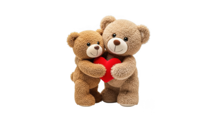 Two brown teddy bears hugging a red heart together sweetly isolated on transparent background