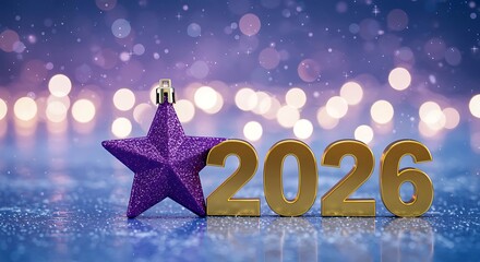 Golden 2026 numbers with sparkling purple star ornament and bokeh lights new year celebration