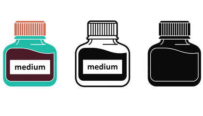 Three colorful bottles of medium art supply on a white background silhouette