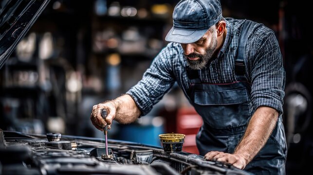 A mechanic, wearing a cap & overalls, works on a car engine under a raised hood