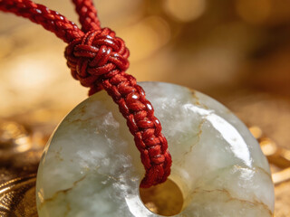 carved jade pendant with red cord macro closeup in warm light
