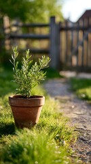  bright spring scene. An eye-level, medium shot of a small, vibrant green olive tree planted in a rustic, weathered terracotta pot, positioned slightly to the left of the frame