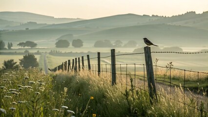 Obraz premium Small bird perched on rustic wooden fence post overlooking misty countryside hills