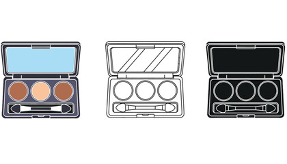 Three different views of a makeup palette with various shades silhouette