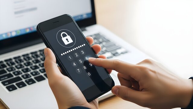 Close-up of hands holding a smartphone with a lock screen in front of an open laptop on a desk with a blurred background. - Powered by Adobe